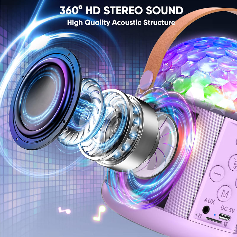Karaoke Machine with Disco LED Lights for Adults Kids, Portable Bluetooth Speaker with 2 Wireless Microphone, Christmas Birthday Gifts Toys for 3-12+ Kids Family Home Party Stocking Stuffers Purple