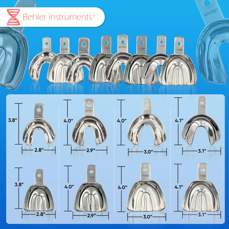 PACK Non Perforated Individual Impression Spoons for Toothless People, Upper and Lower - High Strength Stainless Steel - Essential Instrument for Dentists 8