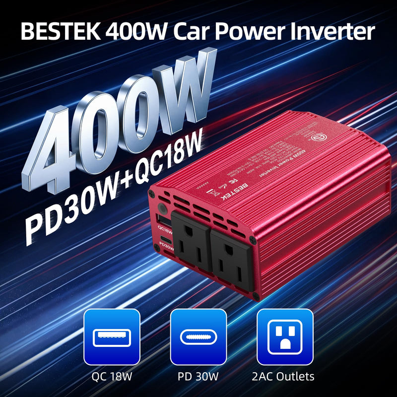 BESTEK 400W Car Power Inverter DC 12V to AC 110V Car Charger Plug Adapter | PD 30W USB-C & USB-A 3.0 Fast Charging, Car Charger Cigarette Lighter Adapter, Portable Outlet for Laptop, Road Trip, Camping Red