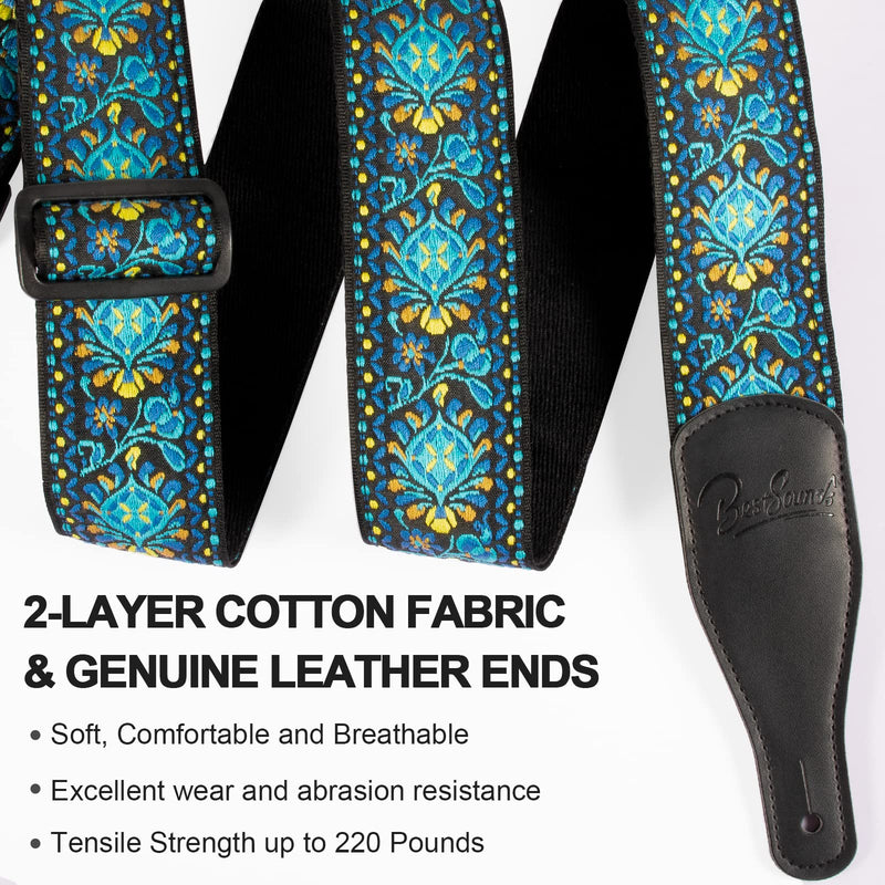 Guitar Strap, Jacquard Embroidered Cotton Straps with Genuine Leather Ends Shoulder Strap for Bass, Acoustic, Electric Guitar Retro Teal