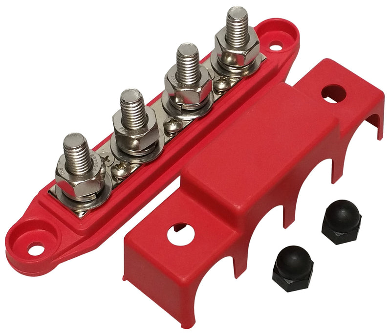 (Red) 3/8" 4 Stud Bus BAR Power Distribution Block - Made in The USA - for Marine Battery Terminals, 12v Power and Ground Distribution Blocks - Terminal Block for Battery Terminals - BusBar Red 3/8"