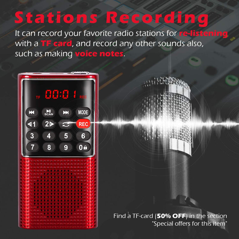 PRUNUS J-328 Mini Portable Pocket FM Radio MP3 Walkman Radio with Recorder, Gifts for Mom, Lock Key, SD Card Player, Rechargeable Battery Operated(NO AM) Red