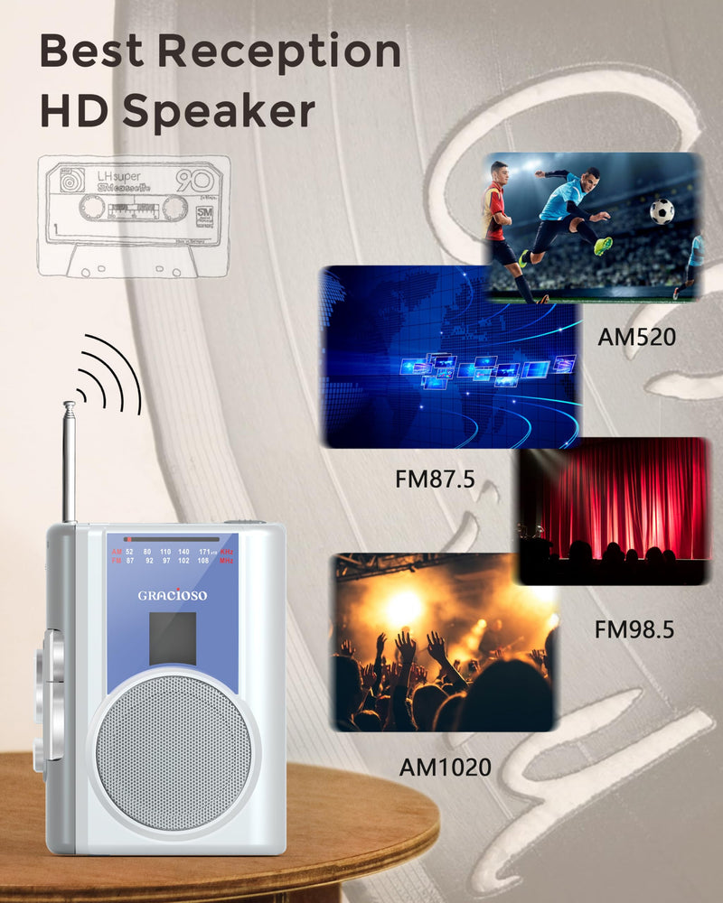 [AUSTRALIA] - Gracioso Protable Cassette Recorder Player: AM FM Compact Cassette Tape Player with Big Speaker & Earphone Jack, Build in Microphone,Cassette Player Powered by DC or AA Battery Sliver 