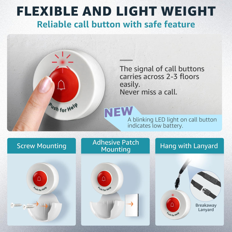 Caregiver Pager Wireless Call Buttons Motion Sensor Alarm Indoor for Elderly Monitoring Fall Prevention Bed Alarm Alert System Portable Nurse Call for Seniors Dementia Patients Emergency 3 Transmitters 1 Receiver