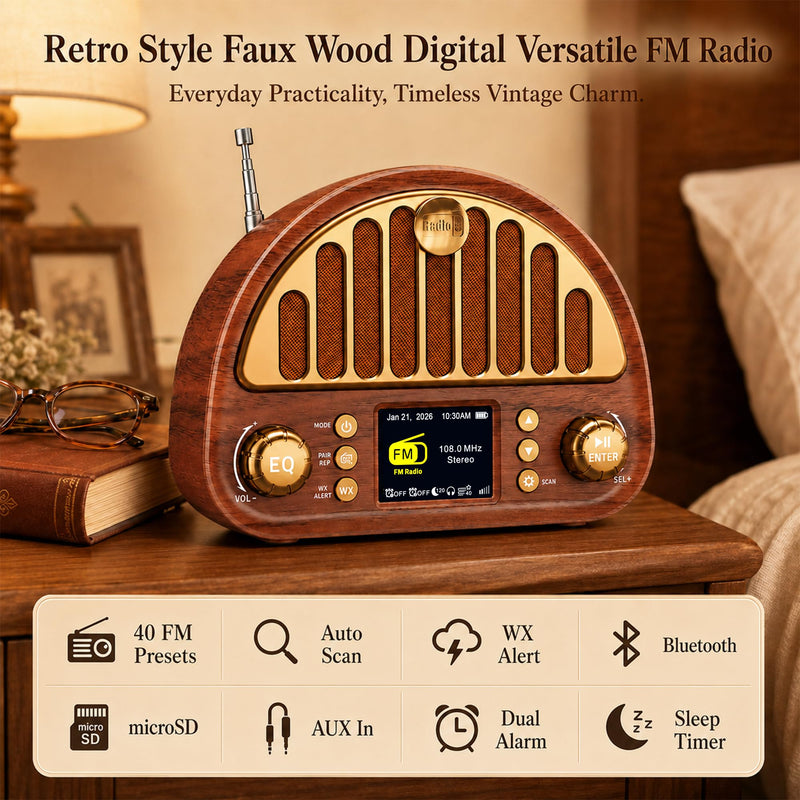 Eoxsmile Retro Portable FM Radio with NOAA Weather Alert & Bluetooth | MicroSD playback, 40 presets, dual alarms, sleep timer, clock/date display, 3000mAh rechargeable battery for bedroom and home