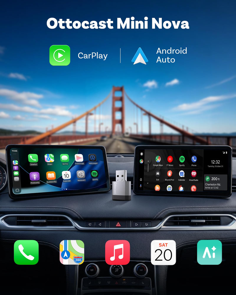 OTTOCAST Mini Nova 2-in-1 Wireless CarPlay & Android Auto AI Adapter | 2026 upgraded plug & play adapter, features built-in AI assistance including Claude, Gemini, and ChatGPT