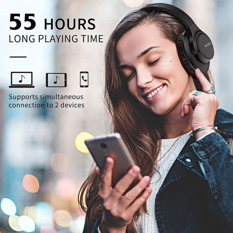 [AUSTRALIA] - Bluetooth Headphones Over Ear,KVIDIO 55 Hours Playtime Wireless Headphones with Microphone,Foldable Lightweight Headset with Deep Bass,HiFi Stereo Sound for Travel Work Laptop PC Cellphone Black 