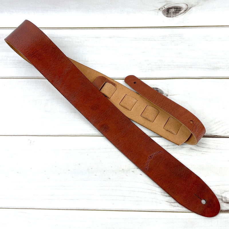 Walker & Williams S-02 Heavy Textured Whiskey Brown Full Grain Extra Thick Soft Italian Leather Rugged Finish Guitar Strap For Acoustic, Electric, And Bass Guitars