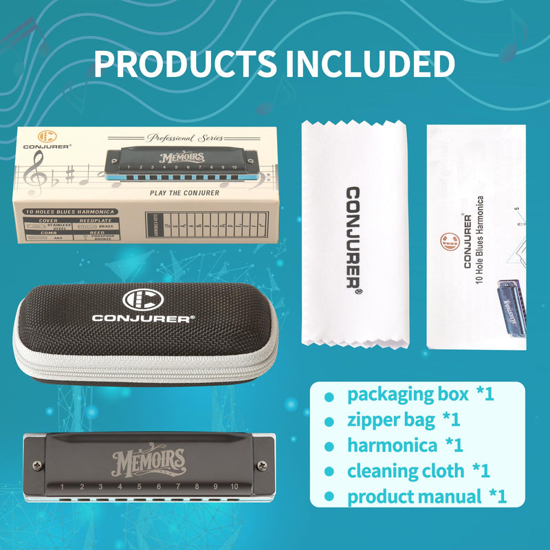 CONJURER Harmonica for Adults 10 Hole Diatonic Deluxe D Key Harmonica for Beginners Professionals Phosphor Bronze Reeds Brass Mouth Organ with Case GRAY BLUE-D
