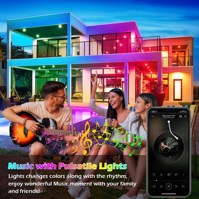 60Ft Outdoor Waterproof LED Strip Lights,Music Sync RGB IP65 Led Lights with App Control and Remote,Color Changing Waterproof Led Rope Lights for Outdoor,Balcony,Roof,Garden,Stairs Party