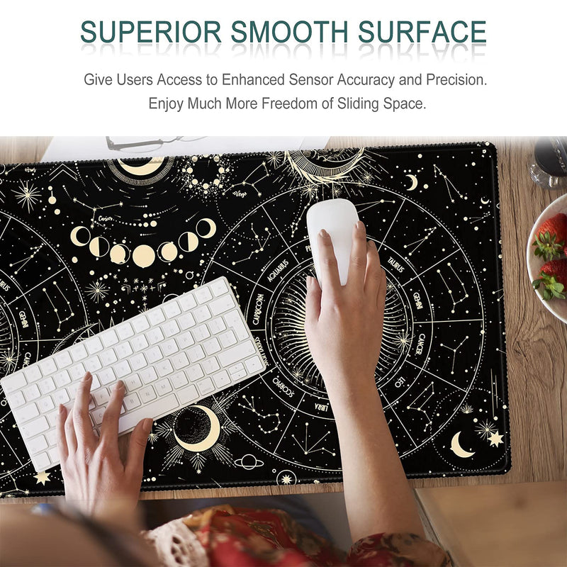 HOMKUMY Extended Gaming Mouse Pad, 35.5x15.75 Non-Slip Large Desk Pad Mousepad with Stitched Edges Waterproof Keyboard Mouse Mat Desk Protector for Game, Office and Home, Moon Sun Yellow
