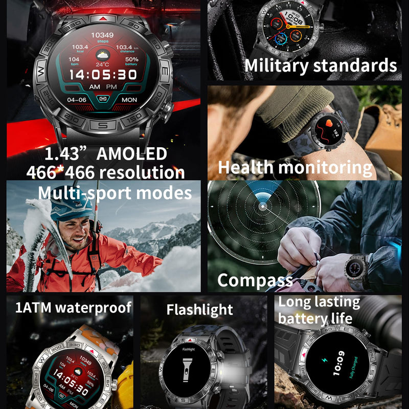 Yihou ABC Military Smart Watch for Men, Rugged Smartwatch Answer/Make Call, 1.43" AMOLED Display Fitness Tracker with Compass Altitude Flashlight Cam Black
