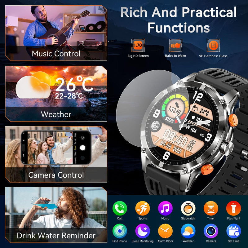 Military Smart Watch for Men(Make/Answer Call) with LED Flashlight 1.7" HD | Fitness Watch 530mAh Battery, Outdoor Sport Rugged Smartwatch with Activity Tracker Compatible with Android & iPhone Phone