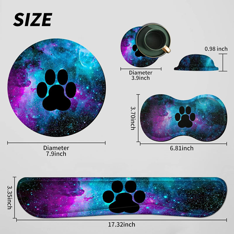 Mouse Pad Wrist Support Keyboard Wrist Rest Combo+Cup Coaster [4-in-1] , Easy Typing Pain Relief, Memory Foam Gel Elbow Cushion Mousepad Set for Computer Laptop Office Home - Paw Galaxy
