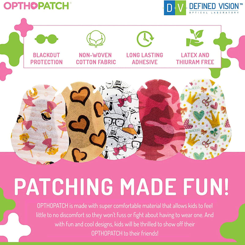 Opthopatch Kids Eye Patches - Fun Girls Design - 90 + 10 Bonus Latex Free Hypoallergenic Cotton Adhesive Bandages for Amblyopia and Cross Eye - 3 Reward Chart Posters by Defined Vision