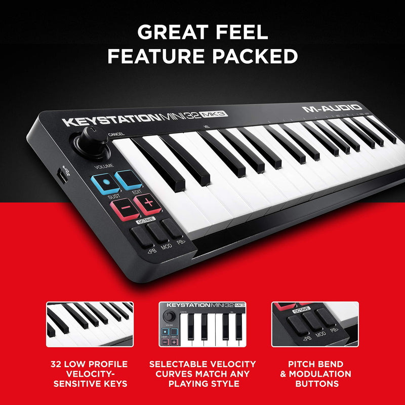 M-Audio Keystation Mini 32 MK3 - USB MIDI Keyboard Controller with 32 Velocity Sensitive Mini Keys and Recording Software Included 32 Keys