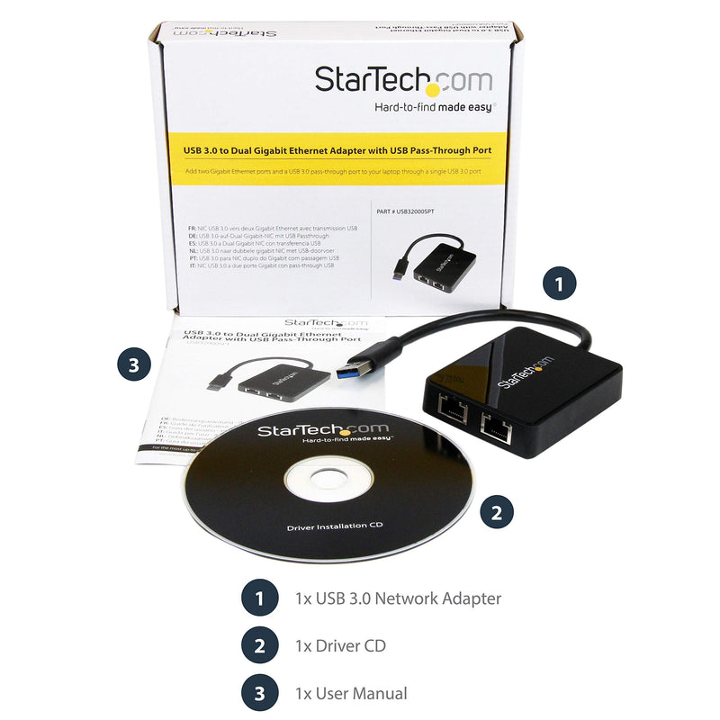 StarTech.com USB 3.0 to Dual Port Gigabit Ethernet Adapter w/USB Port - 10/100/100 - USB Gigabit LAN Network NIC Adapter (USB32000SPT) Black