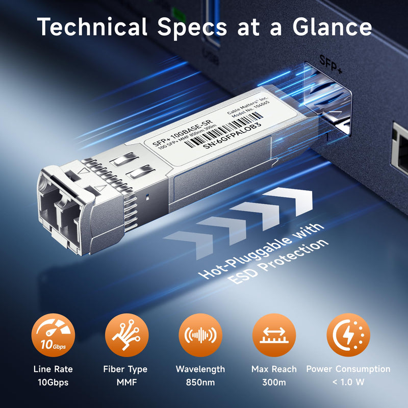 Cable Matters 2-Pack 10GBASE-SR SFP+ LC Fiber Transceiver, up to 300m | 10G Multimode Fiber, Compatible with Cisco, Ubiquiti, TP-Link, D-Link, MikroTik, Netgear, Supermicro, HPE Aruba