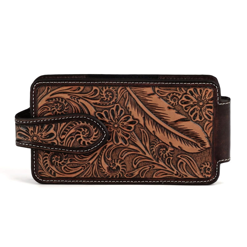 ARIAT Floral & Feather Leather Cell Phone Case, Belt Clip, Brown, Large | Leather construction, belt-clip carry, protective phone storage, western tooled detailing