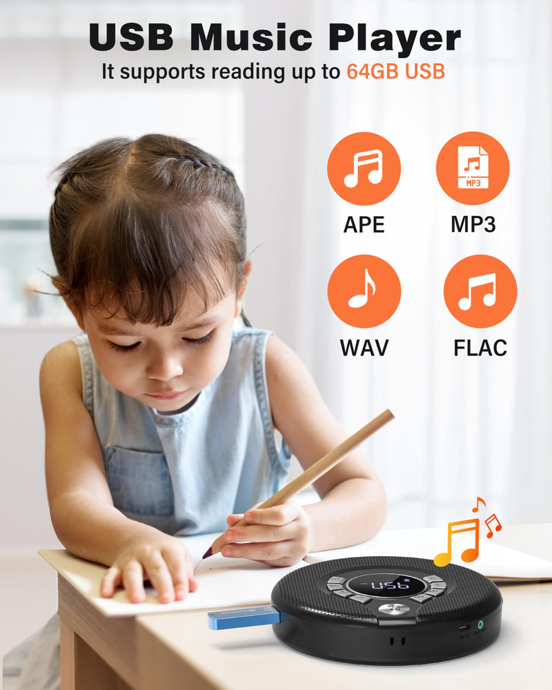 [AUSTRALIA] - Greadio Portable Bluetooth CD Player with 2000mAh Rechargeable, Personal CD Player for Car with FM Transmitter/AUX, CD Discman Player with Headphone, 120s Anti-Skip, USB Port, Backlight (Black) Black-CD Player with FM Transmitter 