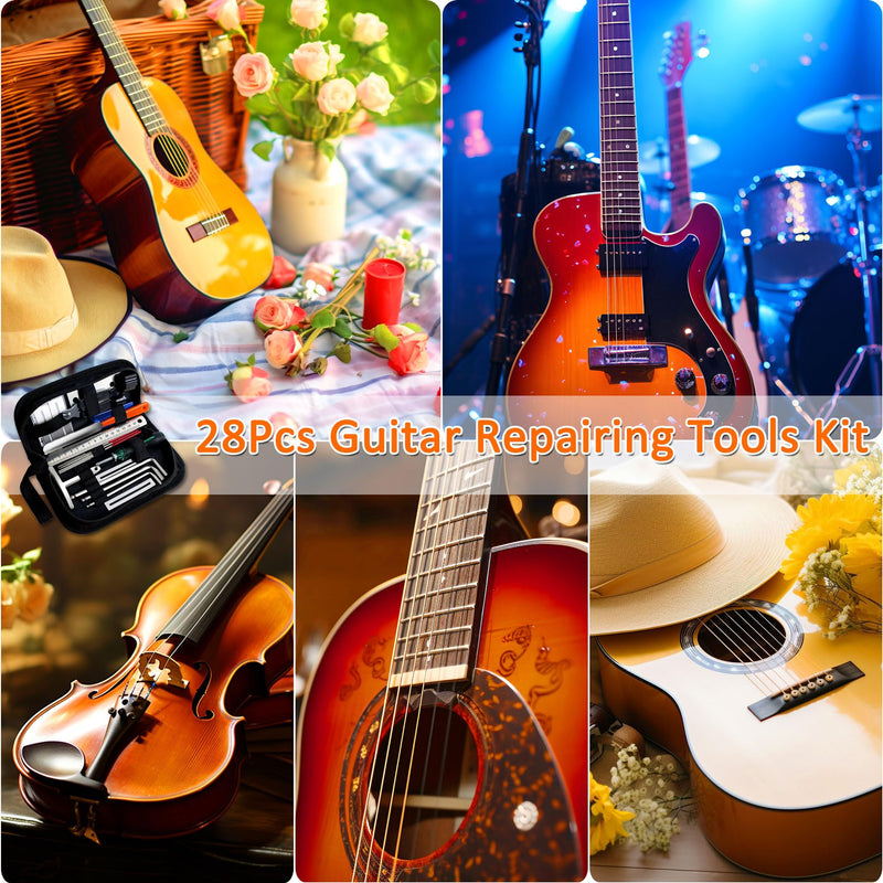 28Pcs Guitar Tool Kit, Guitar Accessories Gifts for Men, Guitar Maintenance Kit with Carry Bag, Guitar Repair Kit for Acoustic Electric Guitar Ukulele Bass Banjo, TIMDAM Guitar Setup Kit Guitar Gifts 28 Pcs