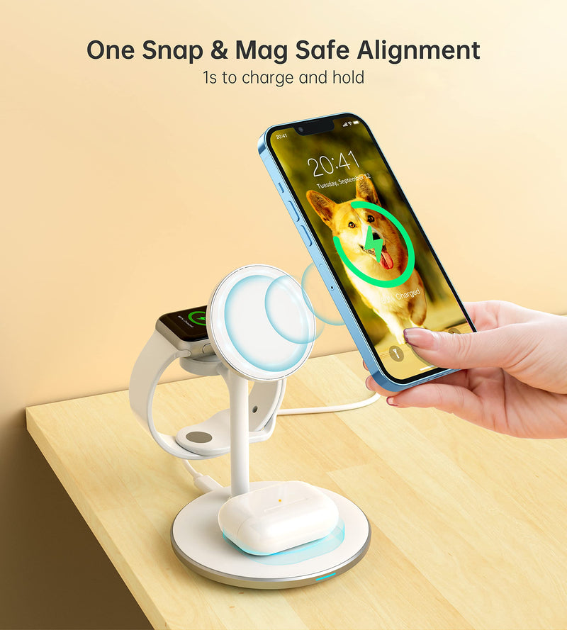 3 in 1 Wireless Charging Station for Multiple Devices, 15W Fast Wireless Mag-Safe Charger Stand for iPhone 14 13 12 Pro Max/Plus/Pro/Mini, Mag Charger for iWatch Ultra/8/7/SE/6/5/4/3/2, AirPods White