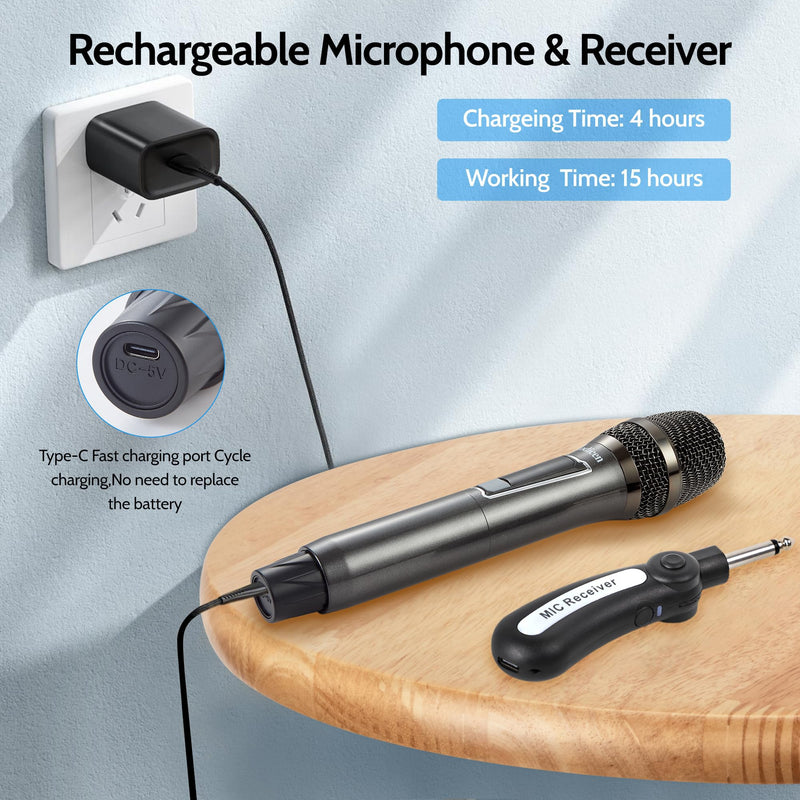 [AUSTRALIA] - Easy Install Wireless Microphone, No Delay Handheld Microphone System with Rechargeable Receiver, Suitable for Singing, Teaching, Church, Weddings, and DJ Events (Black, 1 Microphone) 