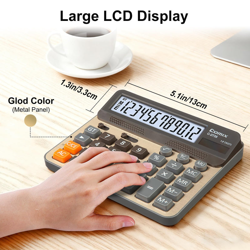 Comix Desktop Calculator, 12 Digits Large Desk Calculator, Gold, 2 Pack | Solar Battery Dual Power, 5 Inch Large LCD Display, Computer Keys, 4 Function Basic Calculator Office Business Home Use