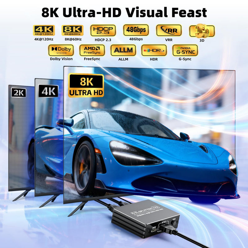[AUSTRALIA] - HDMI 2.1 Splitter 1 in 2 Out 4K 120Hz with 8K HDMI Cable and Power Adapter, BolAAzuL 8K 60Hz 1x2 HDMI Y Splitter with Audio Out for Dual Monitors Duplicate, Support HDCP 2.3 HDR for PS5/Xbox/PC/TV Splitter + HDMI Cablex1 