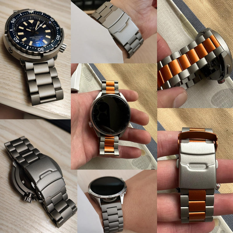 THEAGE 22mm Pure Titanium Watch Band, straight end universal version, Double Locking Deployant Clasp Silver
