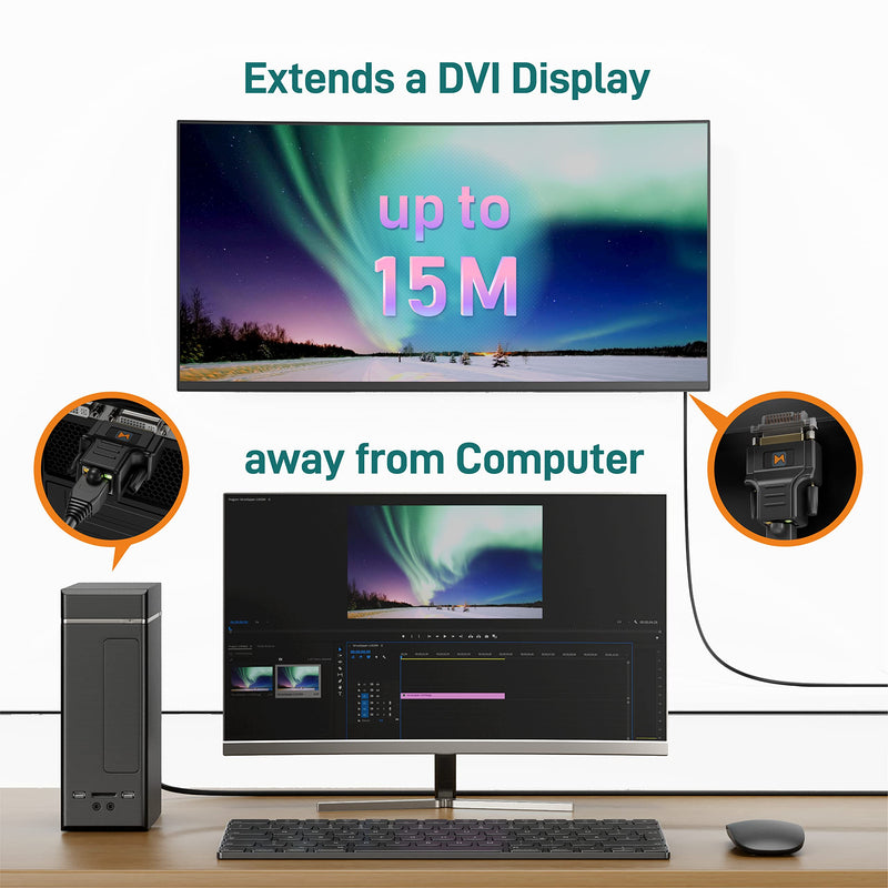 DVI CAT5E/6 Mini Extender, DVI CAT5 with EDID Emulator, Passive, Resolution Up to 1920x1200@60Hz, Transmission Distance Up to 100ft(30m), No Need to Separate TX/RX, TAA Compliant