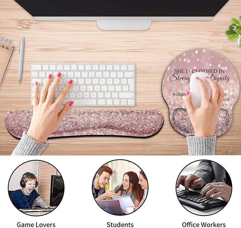 Ergonomic Mouse Pad Wrist Support Gel and Keyboard Wrist Rest Set for Laptop, Mac, Gaming and Office, Durable, Comfortable and Pain Relief + Coaster, Proverbs 31:25,Bible Verse Pink Glitter