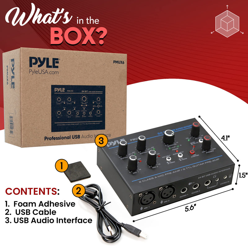 Pyle Professional USB Audio Interface with MIC, Guitar, AUX Stereo Inputs, Phone/Monitor Outputs, Ideal for Computer Playing & Recording, Compact Rugged Metal Housing - PMUX6 Interface Basic
