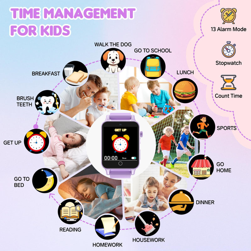 Kids Smart Watch Girls for Age 5-12, HD Camera Toddler Watch Educational Toys Birthday Gifts for Girls Ages 5 6 7 8 9 with Music Player, Alarm Clock, Learn Card, 30 Games, Pedometer Purple