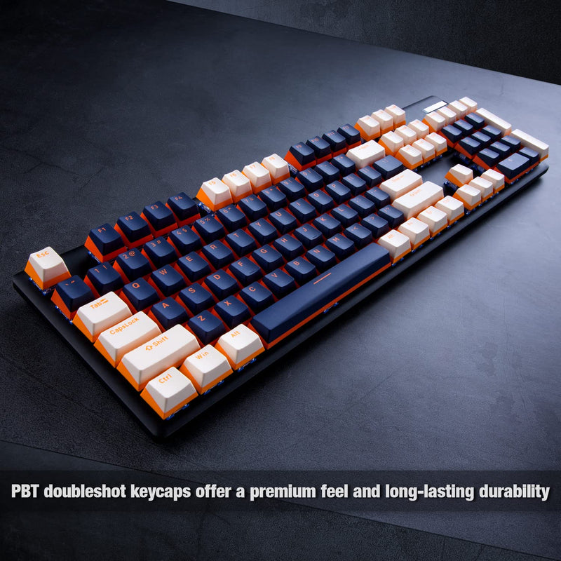 GunMjo PBT Doubleshot Keycaps for Gaming Keyboard with Cherry MX Switches, OEM Profile 112 Keys with 6.25U Space Bar, Bevel Cut Keycaps for Mechanical Keyboard, Blue/White with Orange Bottom