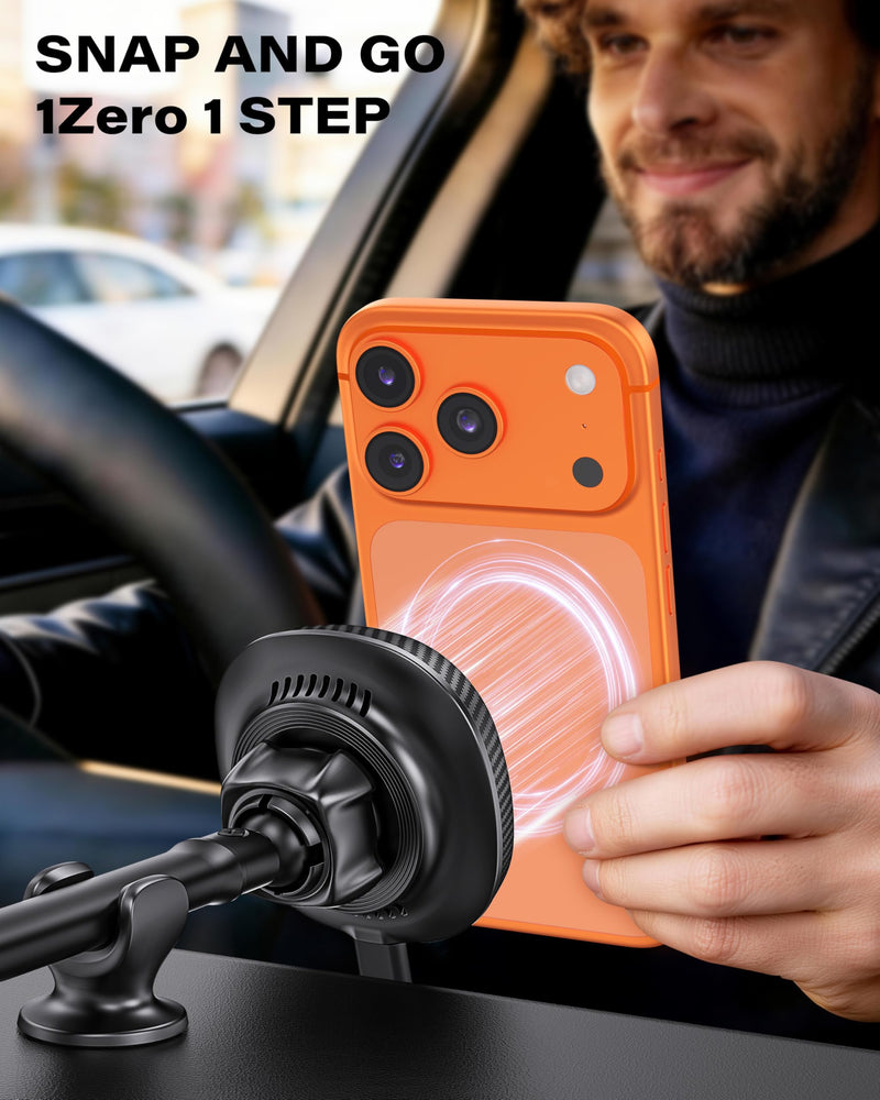1Zero for Magsafe Car Mount Charger, 15W Fast Charging for Windshield | Stronger Magnetic & Suction Cup Mount for Windshield & Dashboard, Wireless Car Charger Compatible with iPhone12-17 Pro Max