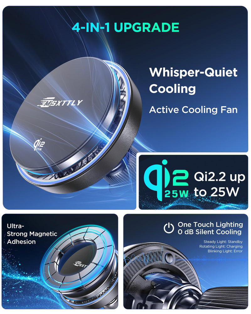 MSXTTLY Qi2.2 25W Certified for Mag Safe Car Mount Charger，Car Vent Charger | Smart Cooling Fan, 2 in 1 Stable 25W Fast Charging Magnetic Phone Holder for iPhone 17/16 series with iOS 26,Galaxy S26 Ultra