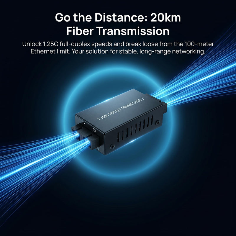 Gigabit Fiber Optical Media Converter Network Transceiver 100/1000Mbps | MINI; 1.25G; Auto-Negotiation, Single-mode; 20Km Transmission; SC/UPC,SC/APC to RJ45; US Power Adapter