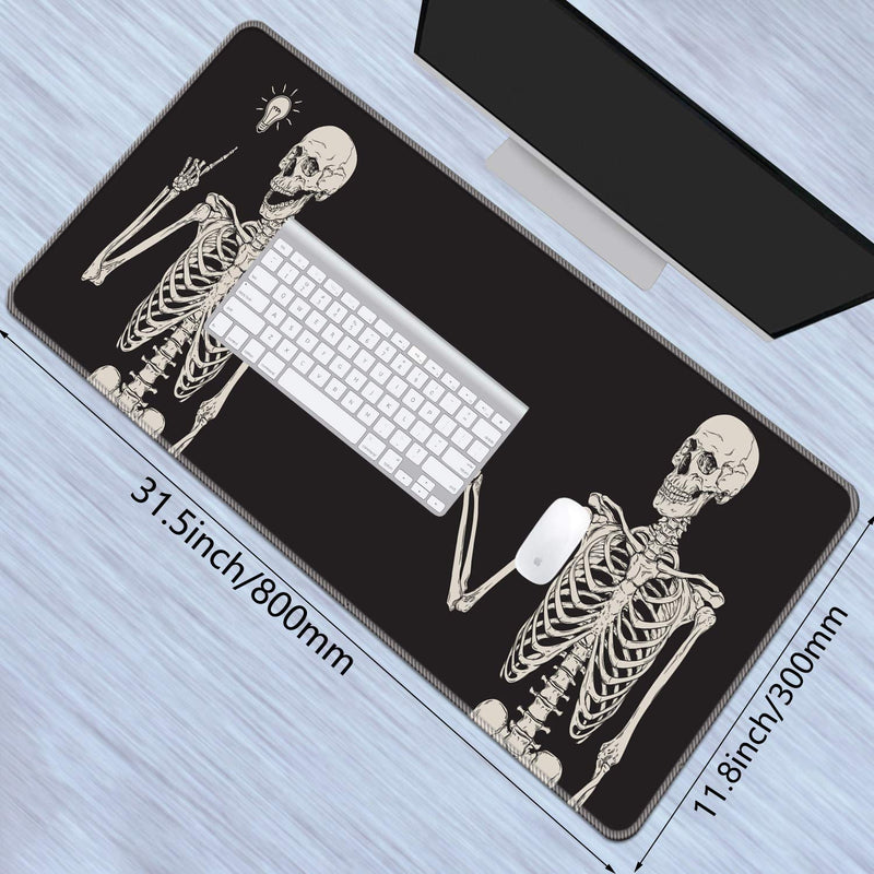 CUISHAN Desk Pad-Large Gaming Mouse Pad with Stitched Edges,Extended Computer Mouse Pad Water-Resistant Writing Pads with Non-Slip Rubber Base 31.5 x 11.8 in,with Coasters (Skull Skeleton) Skull Skeleton Black Background