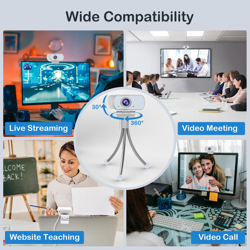 [AUSTRALIA] - Webcam with Microphone,Webcam 1080p White,USB Web Camera 110-Degree View Angle Computer Camera,Webcam Tripod/Privacy Cover/USB C Adapter Include,Plug and Play for Video Conferencing 