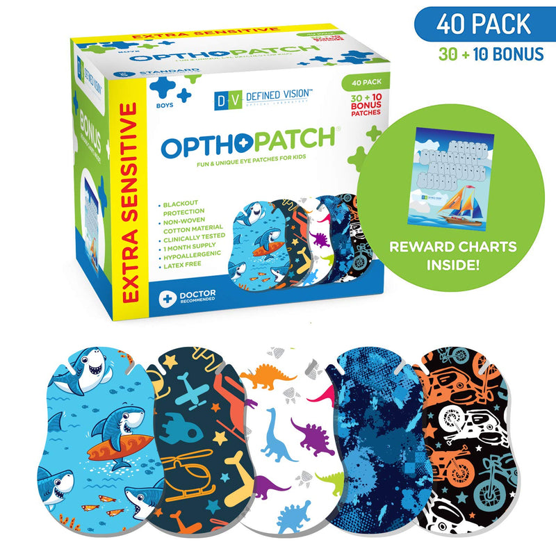 [AUSTRALIA] - OPTHOPATCH Kids Eye Patches - Fun Boys Design - 30 + 10 Bonus Latex Free Hypoallergenic Cotton Extra Sensitive Adhesive Bandages for Amblyopia & Cross Eye-3 Reward Chart Posters by Defined Vision 