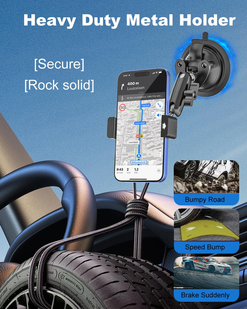 Car Phone Holder with Heavy Duty Suction Cup, Metal Adjustment Arm Car Phone Mount for Windshield, Dashboard, Side Windows, Phone Holders for Your Car for iPhone 17 Pro Max 16 15 14 Air Plus