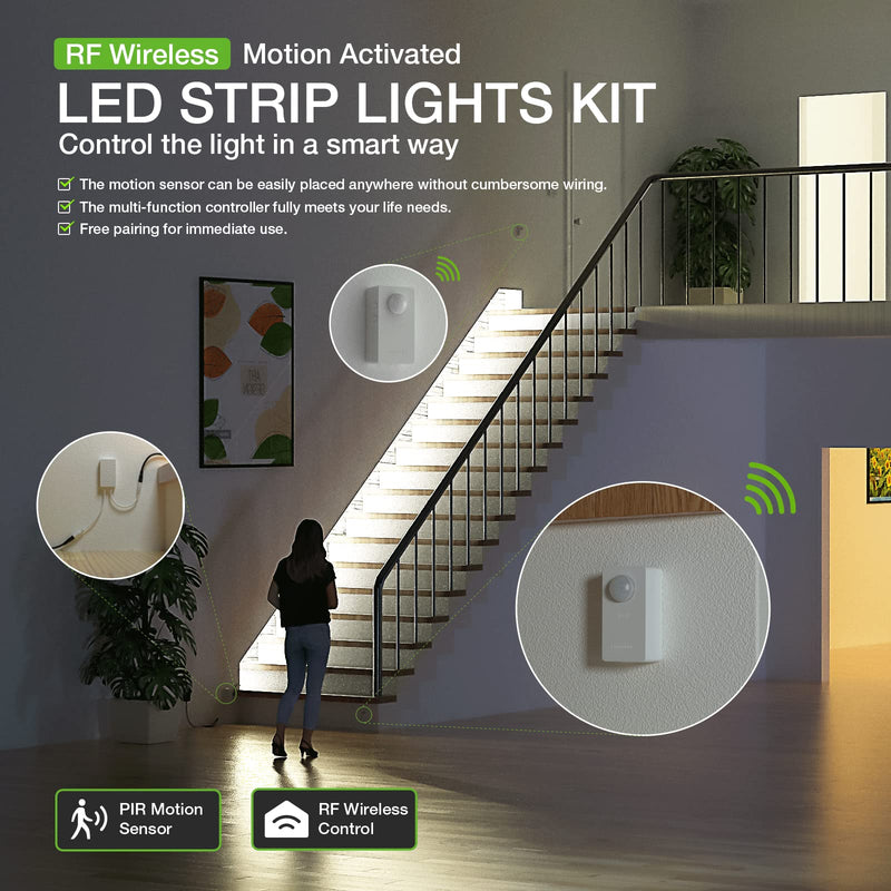 RAYZEEK Wireless Motion Activated LED Strip Lights,19.7FT LED Strip Lights with Power Adapter,RF Wireless Motion Sensor Control Dimmer,Timing,Cool White (1×Controller+2×Motion Sensor) Cool White