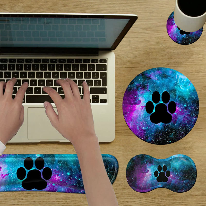 Mouse Pad Wrist Support Keyboard Wrist Rest Combo+Cup Coaster [4-in-1] , Easy Typing Pain Relief, Memory Foam Gel Elbow Cushion Mousepad Set for Computer Laptop Office Home - Paw Galaxy