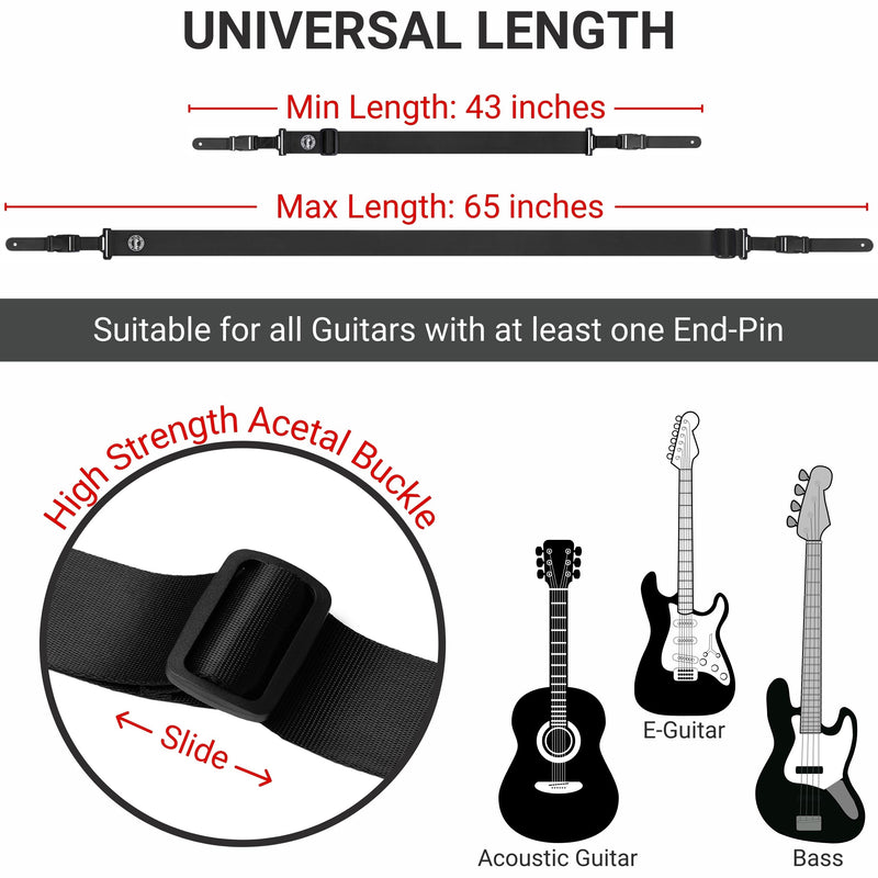 Amumu Nylon Snapclock Guitar Strap with Clip Buckle for Acoustic, Electric, Bass Guitar with Strap Blocks & Headstock Tie Black