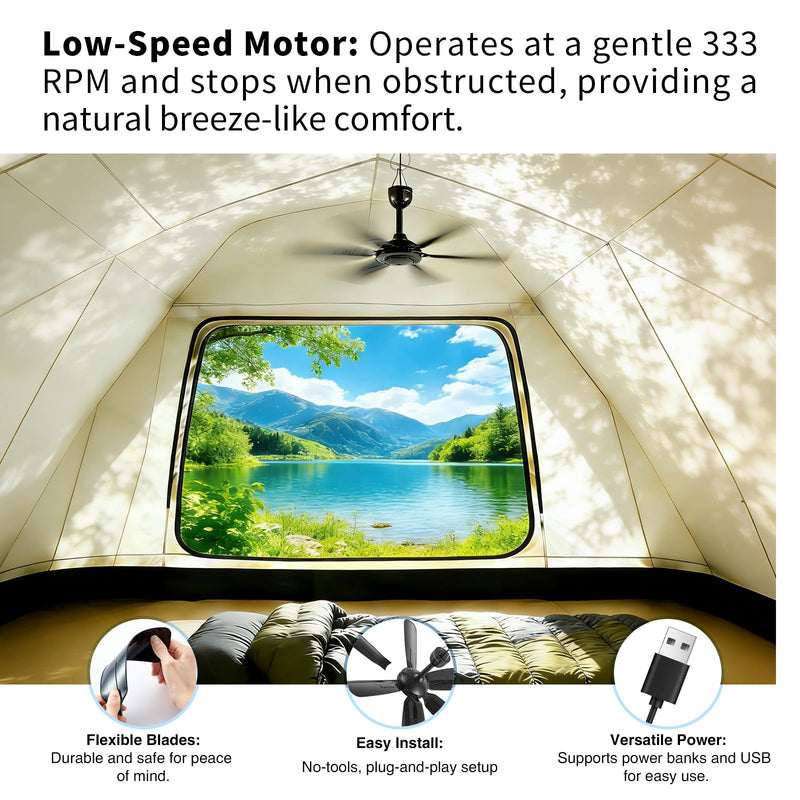 17.7-inch Portable USB Hanging Fan with 6 Blades, Indoor/Outdoor Use for RV, Camping, and Canopy, Quiet Operation，Fan with remote control (with remote control)
