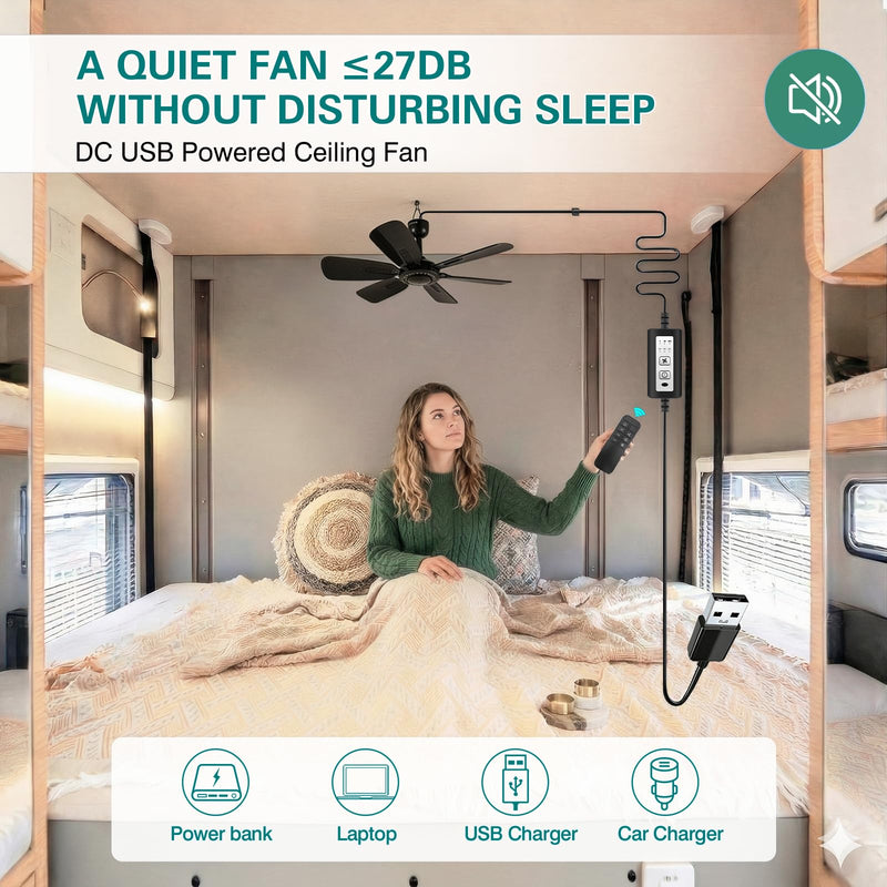 17.7-inch Portable Hanging Fan with 6 Blades,Ceiling Fan with Remote Control Timing 3 Speed,USB Plug In,5V DC Powered Indoor/Outdoor Use for RV, Camping, and Canopy(with remote control)