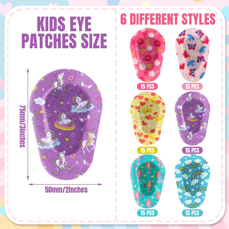 Panelee Adhesive Eye Patches for Kids Girls Designs Cotton Adhesive Bandages for Girls Toddler, 6 Styles(90 Pcs) 90