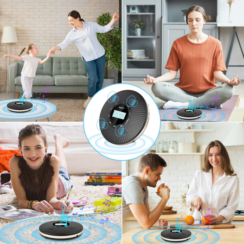 HOTT CD Player Portable with 4 Speakers, Portable CD Player with 5.3 Bluetooth and FM Transmitter with Big LCD Screen Rechargeable 1800mAh Small Walkman CD Players with Headphones for Car Home Travel C228 Black