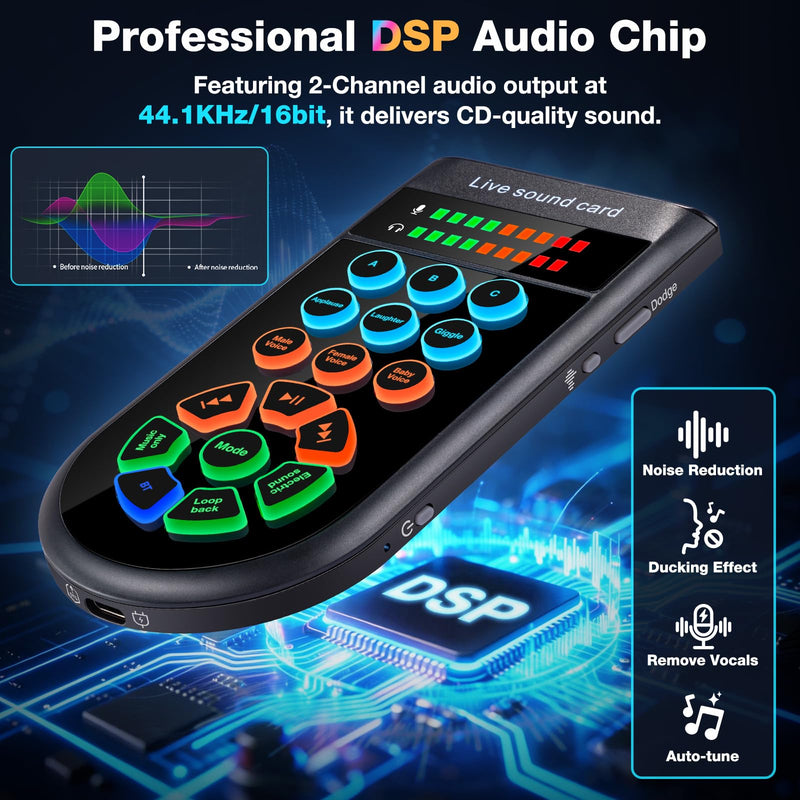 [AUSTRALIA] - M300 Small Handheld Sound Card Set for Singing & Live Streaming, Voice Changer with Reverb/Vocal Enhancement/Vocal Changer/Sound Effects, w/AUX/Type-C/Bluetooth in, Includes Condenser Mic & Headphones 